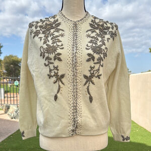 Vintage Women’s 1950's Mohan's Ltd Beaded Cashmere Lined Crop Cardigan Cream